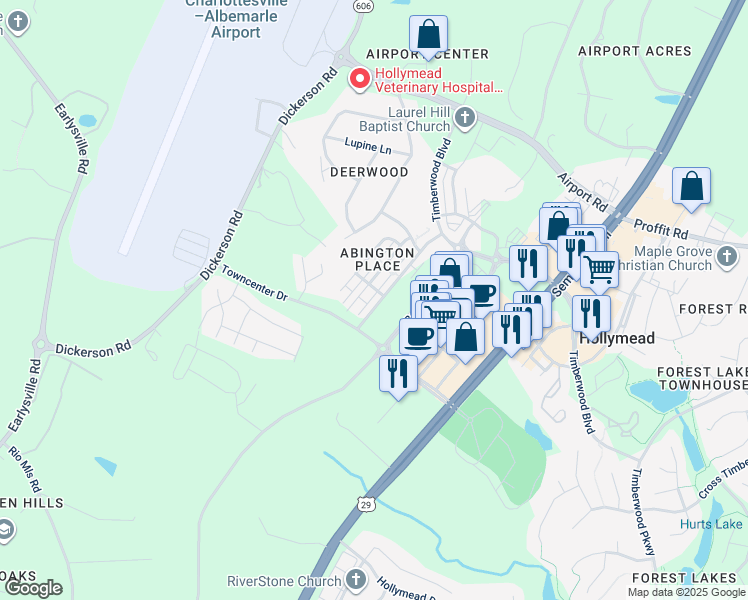 map of restaurants, bars, coffee shops, grocery stores, and more near 2383 Abington Drive in Charlottesville