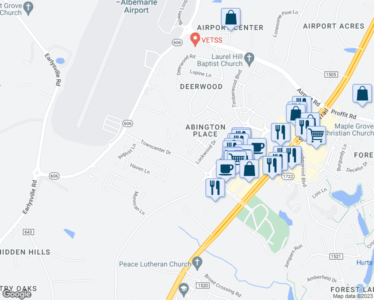 map of restaurants, bars, coffee shops, grocery stores, and more near 2775 Aldersgate Way in Charlottesville