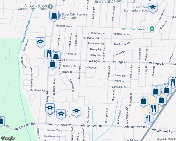 map of restaurants, bars, coffee shops, grocery stores, and more near 8406 Madrone Avenue in Louisville