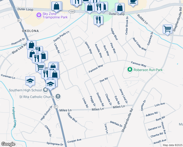 map of restaurants, bars, coffee shops, grocery stores, and more near 4810 Famous Way in Louisville