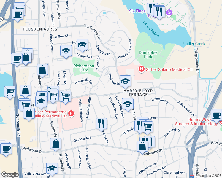 map of restaurants, bars, coffee shops, grocery stores, and more near 150 Douglas Court in Vallejo