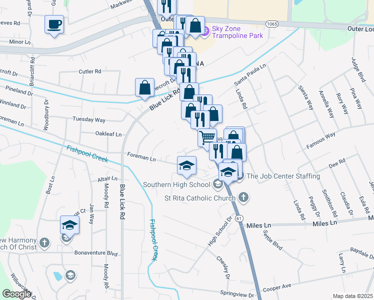 map of restaurants, bars, coffee shops, grocery stores, and more near 8302 Prestonview Lane in Louisville