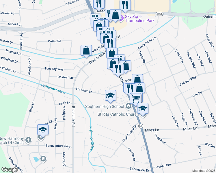 map of restaurants, bars, coffee shops, grocery stores, and more near 8302 Prestonview Lane in Louisville