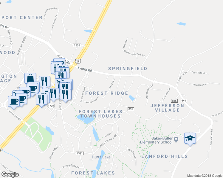 map of restaurants, bars, coffee shops, grocery stores, and more near 3411 Moubry Lane in Charlottesville
