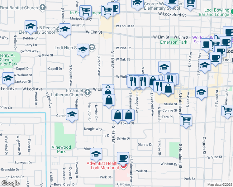 map of restaurants, bars, coffee shops, grocery stores, and more near 1292 West Lodi Avenue in Lodi