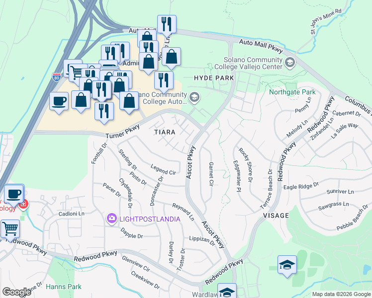 map of restaurants, bars, coffee shops, grocery stores, and more near 7809 Caracena Court in Vallejo