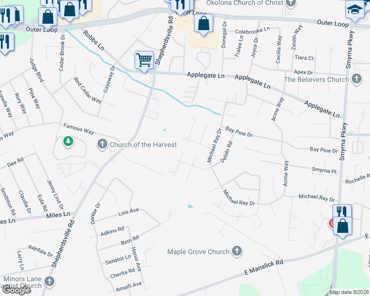 map of restaurants, bars, coffee shops, grocery stores, and more near 5614 Indian Rock Road in Louisville