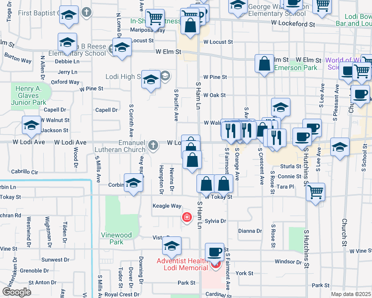 map of restaurants, bars, coffee shops, grocery stores, and more near 1300 West Lodi Avenue in Lodi