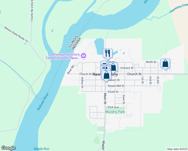 map of restaurants, bars, coffee shops, grocery stores, and more near 503 West Street in New Harmony