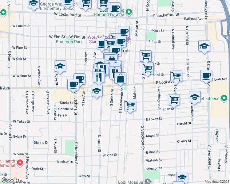 map of restaurants, bars, coffee shops, grocery stores, and more near 24 South School Street in Lodi