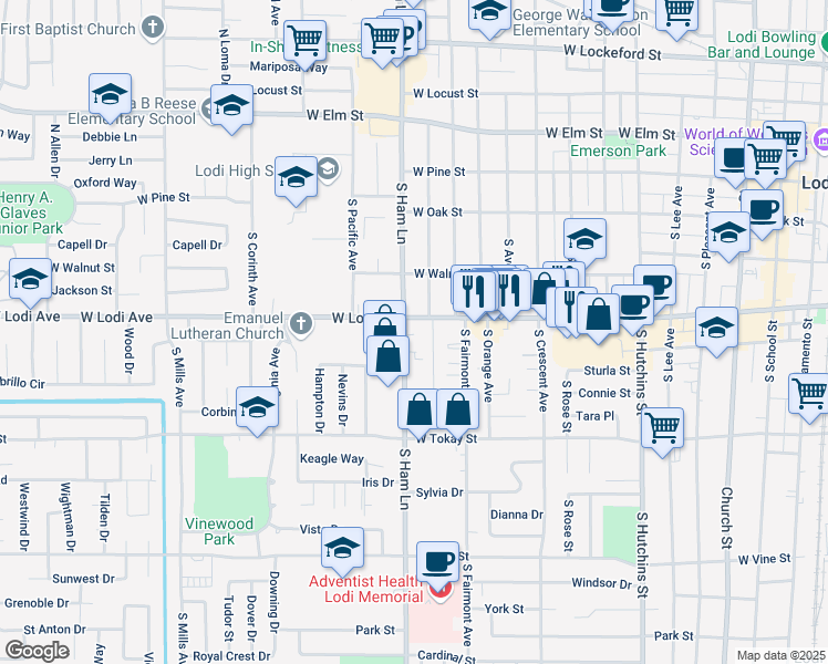 map of restaurants, bars, coffee shops, grocery stores, and more near 1292 West Lodi Avenue in Lodi
