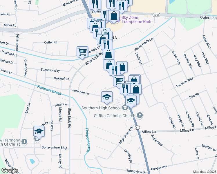 map of restaurants, bars, coffee shops, grocery stores, and more near 4211 Trio Avenue in Louisville