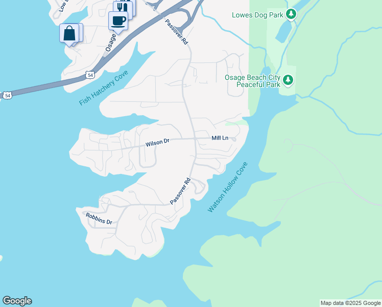 map of restaurants, bars, coffee shops, grocery stores, and more near 615 Passover Road in Osage Beach