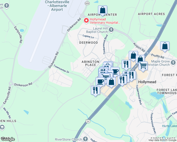 map of restaurants, bars, coffee shops, grocery stores, and more near 2415 Abington Drive in Charlottesville