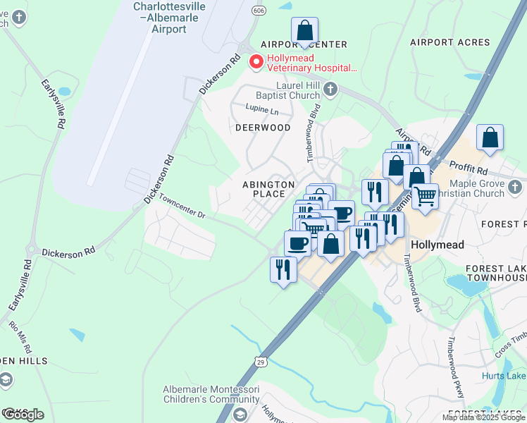 map of restaurants, bars, coffee shops, grocery stores, and more near 2413 Abington Drive in Charlottesville