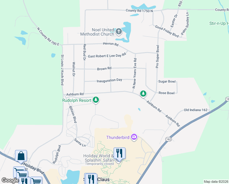 map of restaurants, bars, coffee shops, grocery stores, and more near Ashburn Road in Santa Claus
