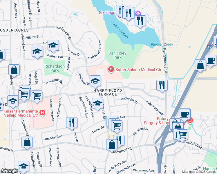 map of restaurants, bars, coffee shops, grocery stores, and more near 406 Los Cerritos Drive in Vallejo