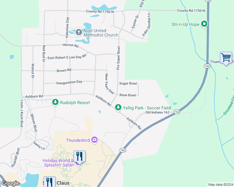map of restaurants, bars, coffee shops, grocery stores, and more near 264 Pro Super Bowl in Santa Claus