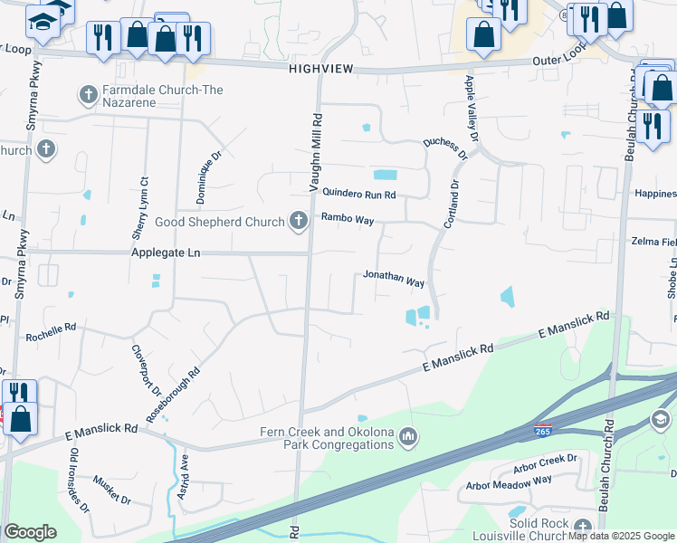map of restaurants, bars, coffee shops, grocery stores, and more near 8203 Laurel Grove Court in Louisville