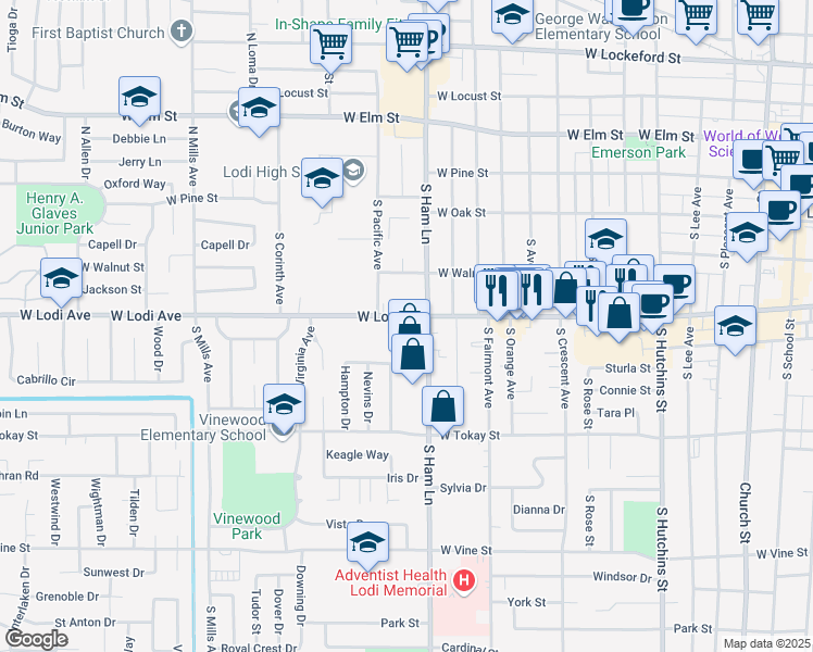 map of restaurants, bars, coffee shops, grocery stores, and more near 1292 West Lodi Avenue in Lodi