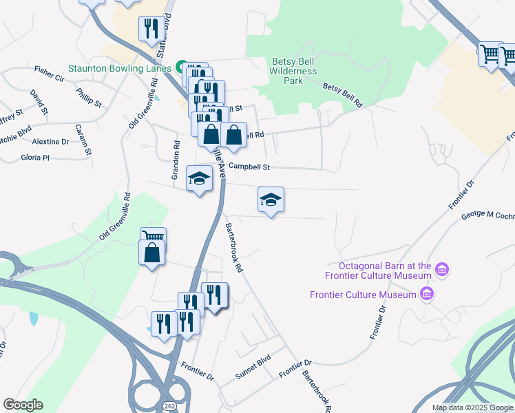 map of restaurants, bars, coffee shops, grocery stores, and more near 317 Sterling Street in Staunton