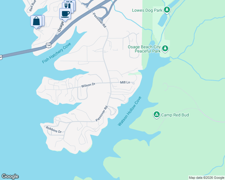 map of restaurants, bars, coffee shops, grocery stores, and more near 615-695 Passover Road in Osage Beach