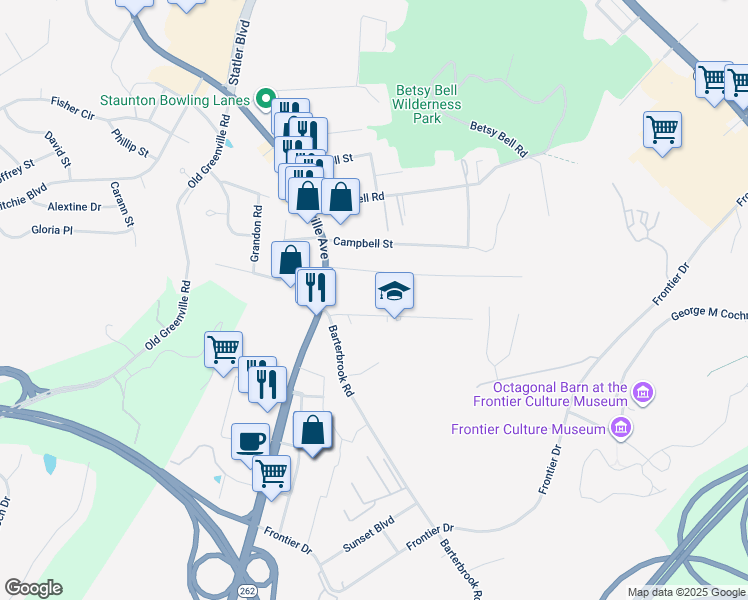 map of restaurants, bars, coffee shops, grocery stores, and more near 317 Sterling Street in Staunton