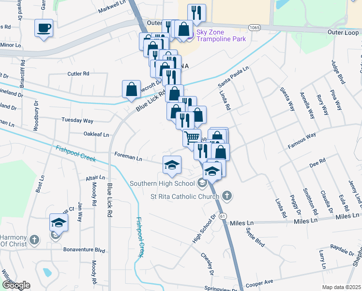 map of restaurants, bars, coffee shops, grocery stores, and more near 4211 Trio Avenue in Louisville