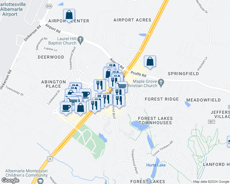 map of restaurants, bars, coffee shops, grocery stores, and more near 1700 Timberwood Boulevard in Charlottesville