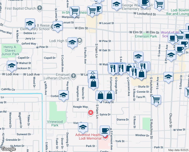 map of restaurants, bars, coffee shops, grocery stores, and more near 1292 West Lodi Avenue in Lodi