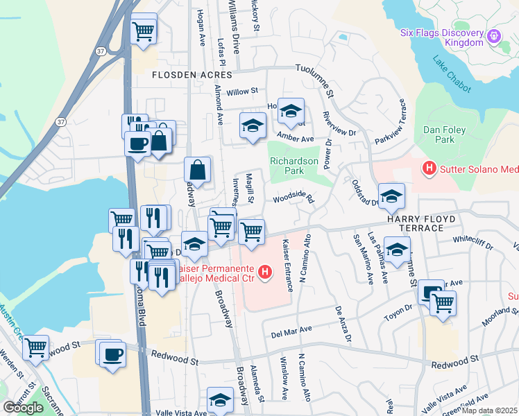 map of restaurants, bars, coffee shops, grocery stores, and more near 161 Richardson Drive in Vallejo
