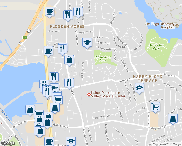 map of restaurants, bars, coffee shops, grocery stores, and more near 161 Richardson Drive in Vallejo