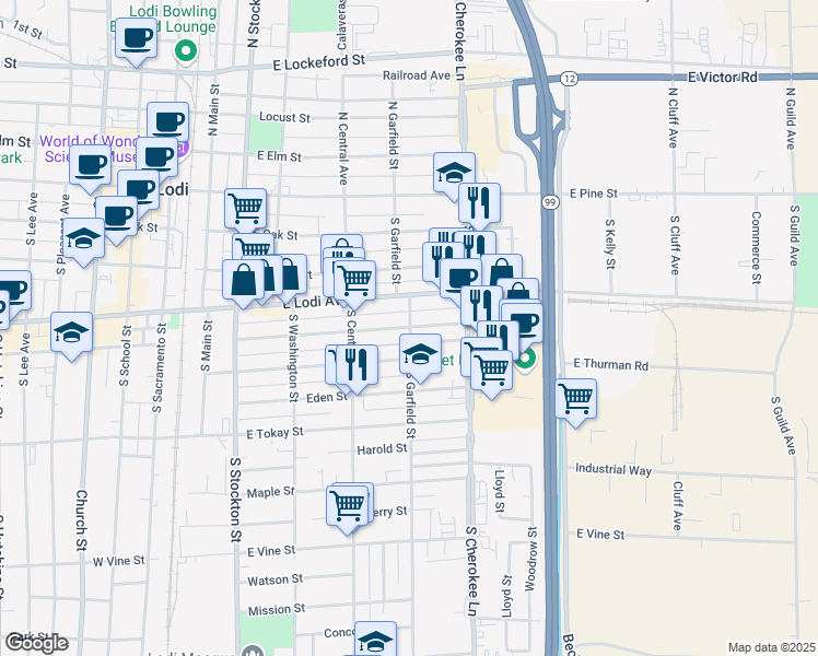 map of restaurants, bars, coffee shops, grocery stores, and more near 493 Hilborn Street in Lodi