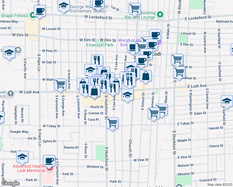 map of restaurants, bars, coffee shops, grocery stores, and more near 330 West Lodi Avenue in Lodi