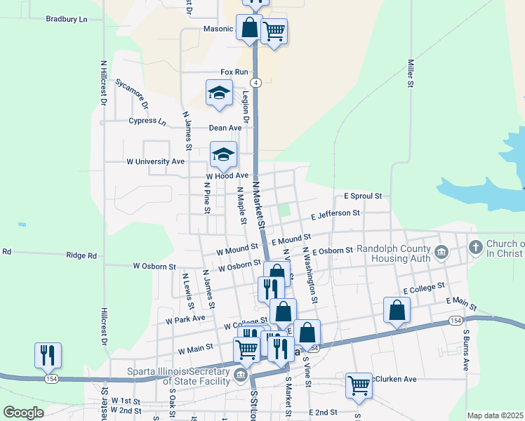 map of restaurants, bars, coffee shops, grocery stores, and more near 616 North Market Street in Sparta