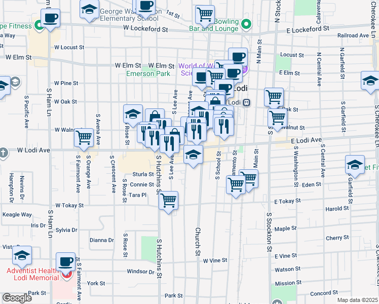 map of restaurants, bars, coffee shops, grocery stores, and more near 220 West Lodi Avenue in Lodi