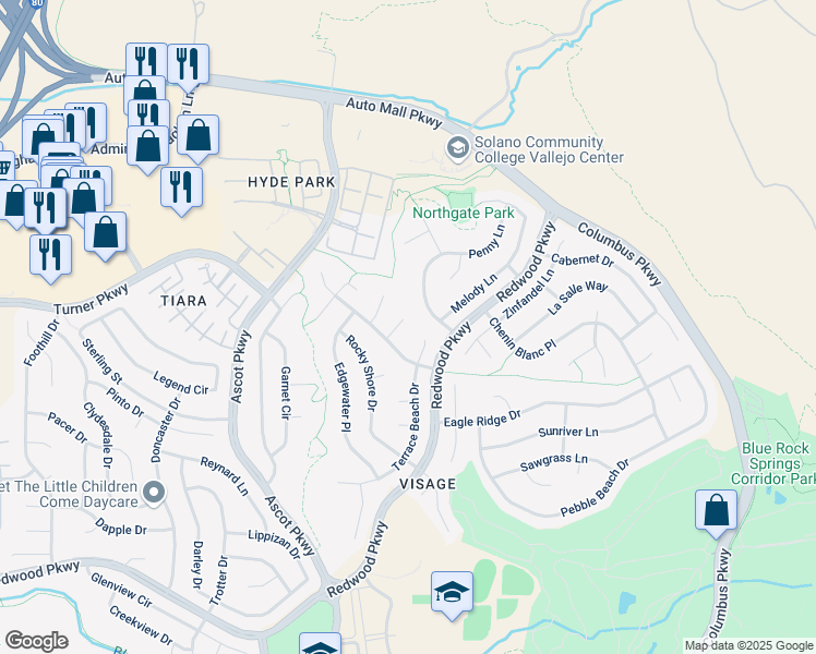 map of restaurants, bars, coffee shops, grocery stores, and more near 3546 Calm Breeze Court in Vallejo
