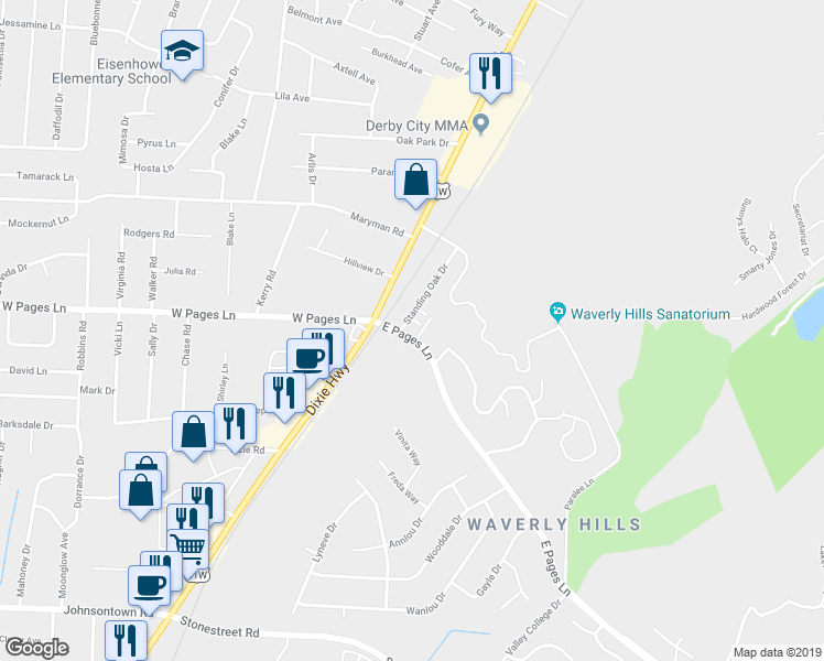 map of restaurants, bars, coffee shops, grocery stores, and more near 8617 Standing Oak Drive in Louisville