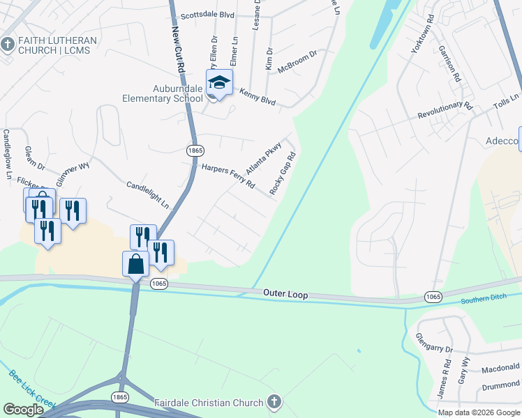 map of restaurants, bars, coffee shops, grocery stores, and more near 127 Chantilly Avenue in Louisville