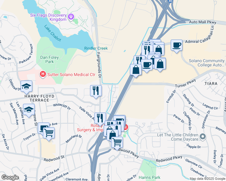 map of restaurants, bars, coffee shops, grocery stores, and more near 7 Cabana Street in Vallejo