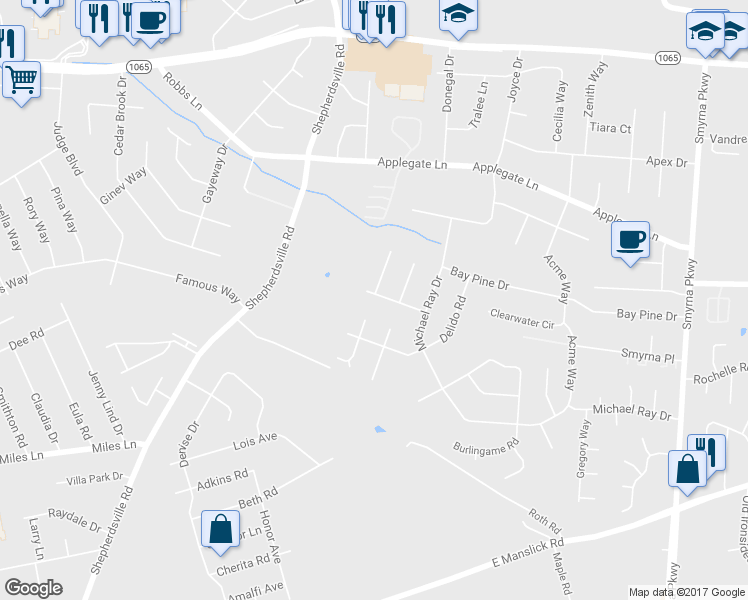 map of restaurants, bars, coffee shops, grocery stores, and more near 5614 Indian Rock Road in Louisville