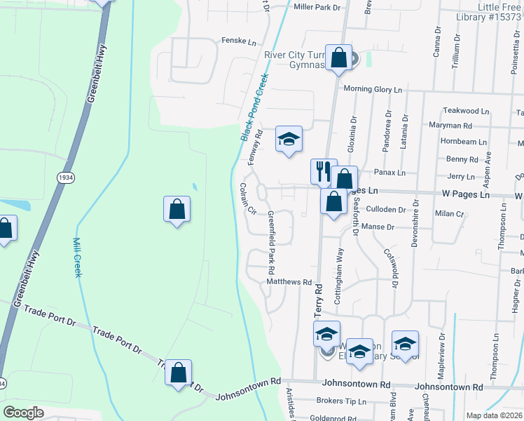 map of restaurants, bars, coffee shops, grocery stores, and more near 6903 Colrain Circle in Louisville
