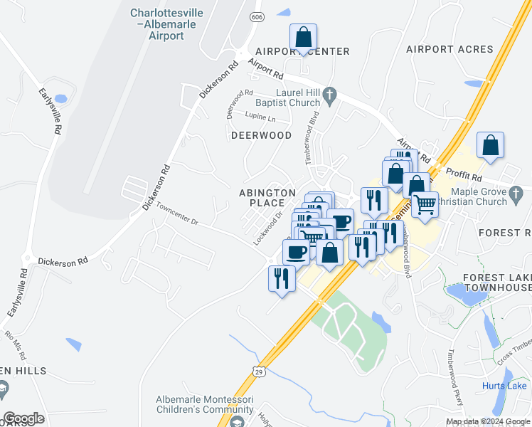map of restaurants, bars, coffee shops, grocery stores, and more near 2387 Abington Drive in Charlottesville
