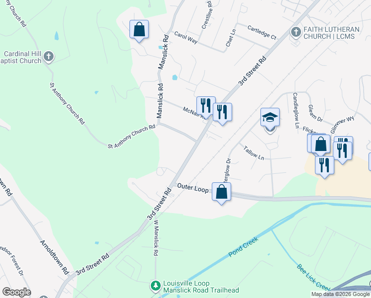 map of restaurants, bars, coffee shops, grocery stores, and more near 7908 3rd Street Road in Louisville