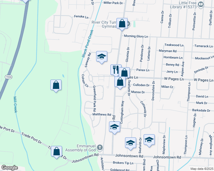 map of restaurants, bars, coffee shops, grocery stores, and more near 8508 Terry Road in Louisville