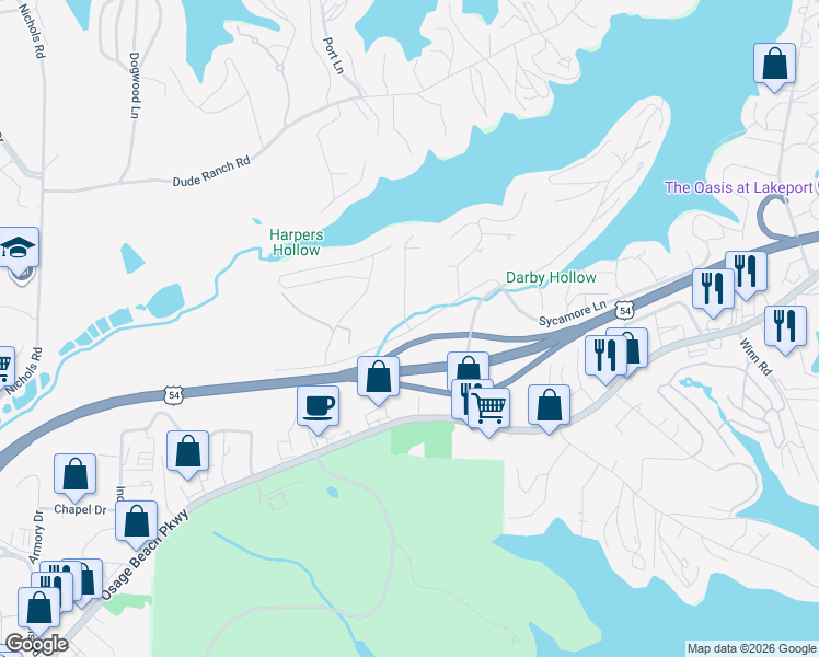 map of restaurants, bars, coffee shops, grocery stores, and more near Oak Road in Osage Beach