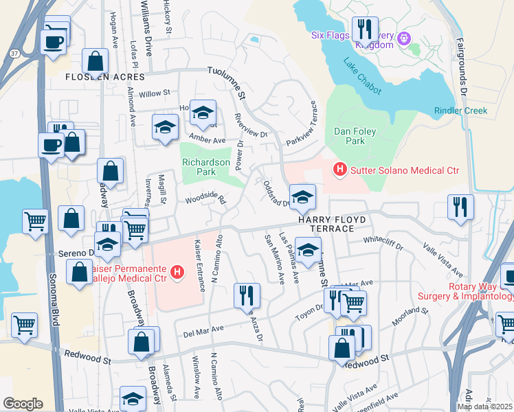 map of restaurants, bars, coffee shops, grocery stores, and more near 150 Douglas Court in Vallejo
