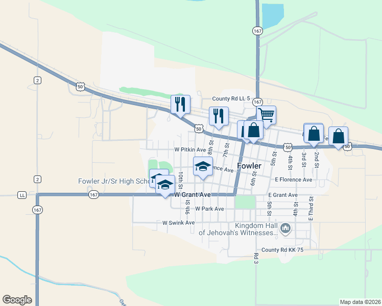 map of restaurants, bars, coffee shops, grocery stores, and more near 302 9th Street in Fowler