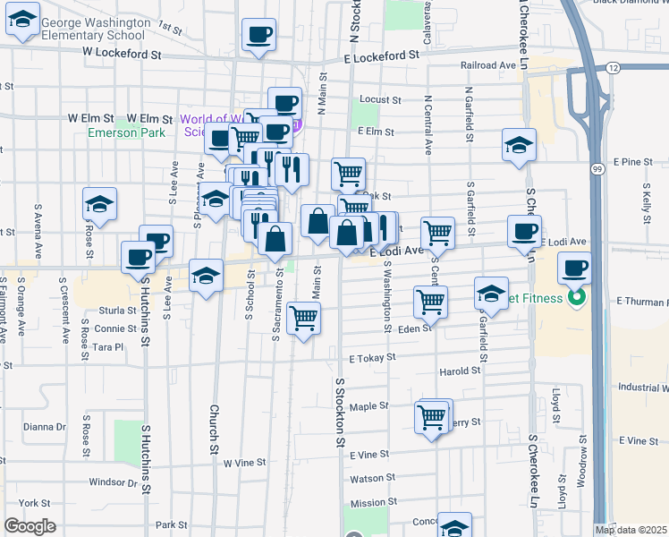map of restaurants, bars, coffee shops, grocery stores, and more near in Lodi