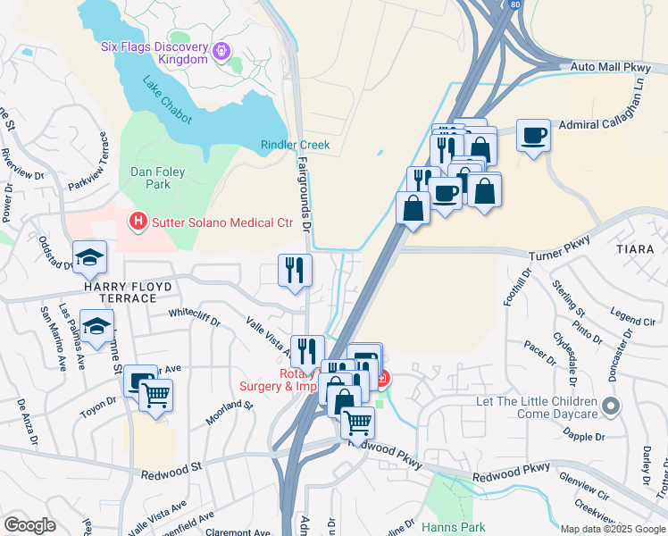 map of restaurants, bars, coffee shops, grocery stores, and more near 7 Cabana Street in Vallejo